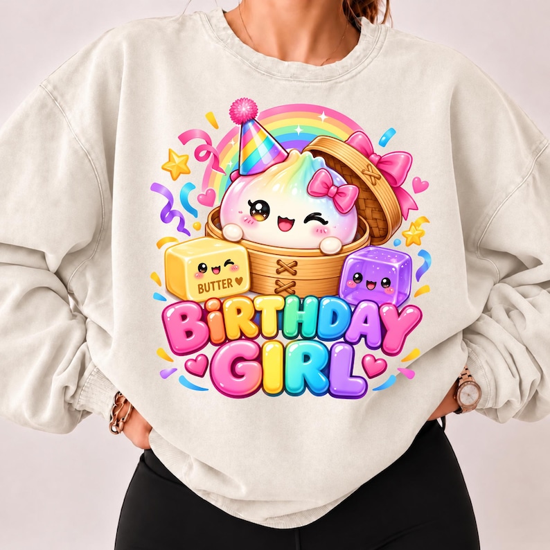 Op de afbeelding: Een beige sweater met ronde hals voorzien van een afbeelding van een schattige dumpling in een bamboe stoommandje met een feesthoedje, vergezeld door een blokje boter en een paars blokje, met de tekst "BIRTHDAY GIRL" in kleurrijke letters.