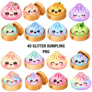 Op de afbeelding: Een verzameling van 40 digitale illustraties van glinsterende, kawaii-stijl dumplings met expressieve gezichten, sommige geplaatst in houten bamboe stoommandjes, met diverse pastelkleuren, glitters en decoratieve elementen zoals bloemen en fruit.