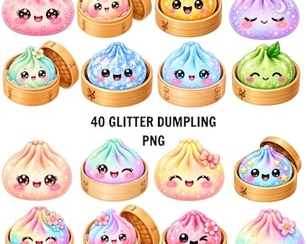 Kawaii Glitter Dumpling PNG-bundel, schattige Bao Bun-clipart, sprankelende voedselkunst, pastelkleurige stickerontwerpen, schattige voedselclipart, digitale download