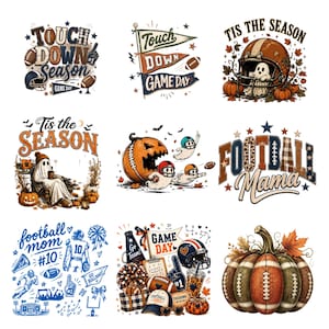 Puede incluir: Una colección de nueve diseños gráficos con temas de fútbol americano y otoño. Los elementos incluyen fantasmas con cascos, calabazas, balones de fútbol, banderines y textos como Touchdown Season, Tis the Season, Football Mama y Game Day.