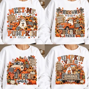 Puede incluir: Cuatro sudaderas blancas con estampados gráficos de temática otoñal. Cada diseño incluye un camión naranja, calabazas, girasoles y follaje de otoño. Los gráficos contienen textos como Meet Me At The Pumpkin Patch, Welcome To The Pumpkin Patch y Pumpkin Vibes, junto con ilustraciones de fantasmas y un perro.