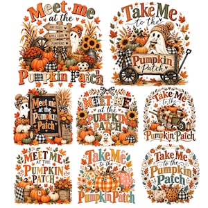 Puede incluir: Una colección de nueve diseños gráficos con temática otoñal que incluyen fantasmas, calabazas, girasoles y follaje de otoño. Cada diseño incluye texto como Meet me at the Pumpkin Patch o Take Me to the Pumpkin Patch, decorado con patrones de cuadros.