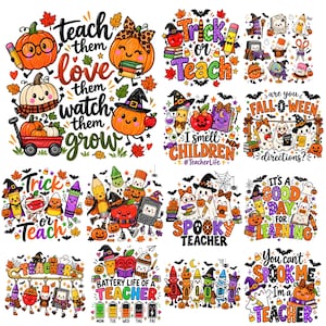 Può includere: Una collezione di colorate illustrazioni digitali con zucche, fantasmi, matite e materiale scolastico a tema Halloween con testi come Teach them love them watch them grow, Trick or Teach e Spooky Teacher.