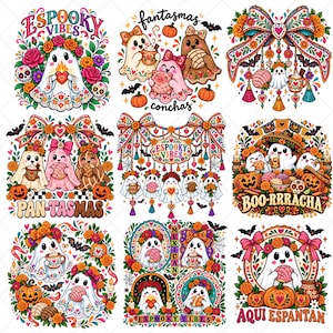 May include: A collection of nine colorful illustrations featuring ghosts, pumpkins, flowers, and Mexican-inspired pastries. The designs include text such as ESPOOKY VIBES, FANTASMAS CONCHAS, PAN-TASMAS, BOO-RRRACHA, and AQUI ESPANTAN, decorated with bows and bats.