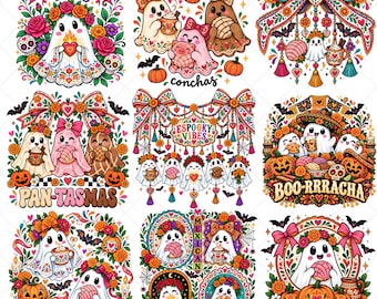 Dia de los Muertos PNG-bundel, Halloween-spookclipart, Mexicaans volkskunstontwerp, schattige Concha PNG, suikerschedel, bloemen digitaal downloadbestand