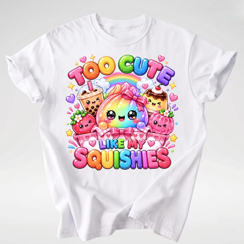 Op de afbeelding: Een wit t-shirt met een kleurrijke afbeelding van diverse etenswaren in kawaii-stijl, waaronder een boba-thee, een regenboogkleurige dumpling, een pudding en een aardbei. De tekst luidt TOO CUTE LIKE MY SQUISHIES in felle, ronde letters.