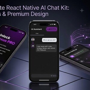 May include: Three smartphones displaying a dark-themed React Native AI chat interface with purple accents. Screens show text including The Complete React Native AI Chat Kit: Pro Features & Premium Design, Unlock Nexus PRO, and AI Assistant.