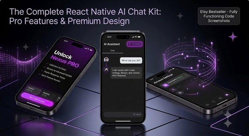 May include: Three smartphones displaying a dark-themed React Native AI chat interface with purple accents. Screens show text including The Complete React Native AI Chat Kit: Pro Features & Premium Design, Unlock Nexus PRO, and AI Assistant.
