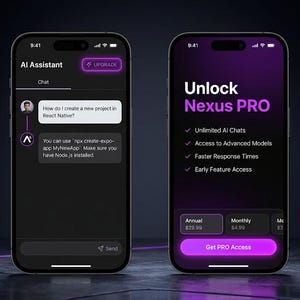 Puede incluir: Dos teléfonos inteligentes que muestran una interfaz de aplicación de IA con tema oscuro. La pantalla izquierda muestra una ventana de chat con un asistente de IA, mientras que la derecha muestra una página de suscripción Unlock Nexus PRO.