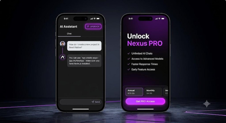 May include: Two smartphones displaying a dark-themed AI application interface. The left screen shows a chat window with an AI Assistant, while the right screen displays an Unlock Nexus PRO subscription page with feature lists and payment options.