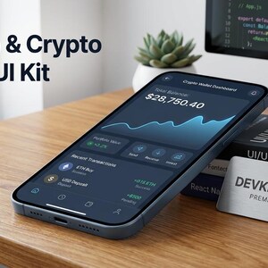 May include: A smartphone displaying a dark-themed Fintech & Crypto Wallet UI Kit dashboard with a total balance of $28,750.40, transaction history, and navigation icons, resting on a stack of books labelled React Native Architecture and UI/UX for Fintech.