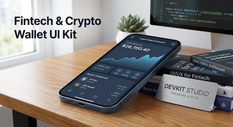 Pu&ograve; includere: Uno smartphone che mostra una dashboard Fintech & Crypto Wallet UI Kit a tema scuro con un saldo totale di 28.750,40 $, cronologia delle transazioni e icone di navigazione, appoggiato su libri intitolati React Native Architecture e UI/UX for Fintech.