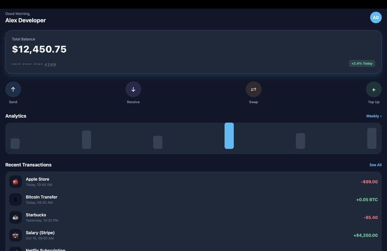 Pu&ograve; includere: Un'interfaccia di dashboard finanziaria digitale a tema scuro che mostra un saldo totale di $12.450,75, il nome utente Alex Developer, grafici a barre analitici e un elenco di transazioni recenti tra cui Apple Store, Bitcoin Transfer e Salary.