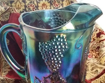 Vintage Blue Indiana Glassware Harvest Grape Water Pitcher, Carnival Glass, Iridescent Blue, Wedding,1960's, by colonialcrafts on Etsy
