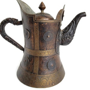 Rare Vintage Decorative Coffee Pot Tea Pot Middle East Circa 1960 Collectible Collector Art Display Copper Brass Lined Hand Beaten