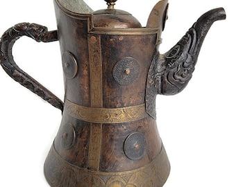 Rare Vintage Decorative Coffee Pot Tea Pot Middle East Circa 1960 Collectible Collector Art Display Copper Brass Lined Hand Beaten