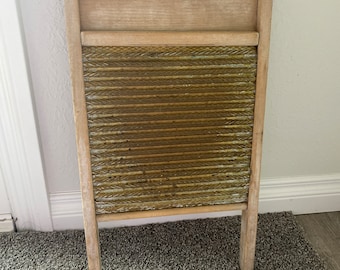 Vintage Laundry Washboard Scrubboard Vintage Style Brass with Wooden Frame and Galvanized Metal