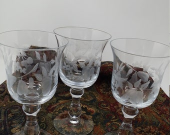 Large Vintage Glass Stemware  Glassware Glasses Set of Three Etched Goblets Fruit Design 16 oz. Cups Candleholder Wedding Table Decoration