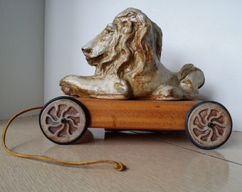 Rare Vintage Lion On Wagon Signed Sculpture by Jon Carlos Lopez Handmade Stoneware Lion Statue 1975 Art Toy Collectible Figurine