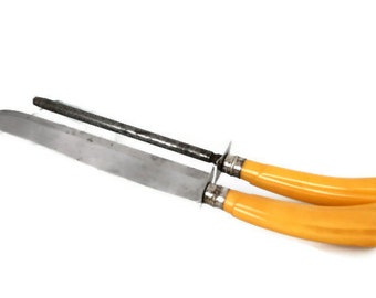 Set of Bakelite Yellow Handle Meat Carving Knife, Knife Sharpening Steel Vintage Hambroco Serving Kitchen Art Deco by colonilcrafts on Etsy