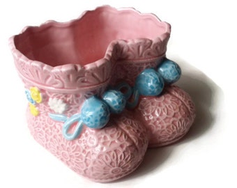 Vintage Lefton Pink Baby Bootie Planter, Baby Gift For Girl, Baby Shower Gift, vintage 1989 planter for baby, by colonialcraftrs on Etsy