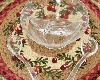 Vintage Fostoria Clear Glass Divided Bowl With 2 Glass Ladles Serving Dish Condiment Century 1950's 6.5"x3.5" Collectible