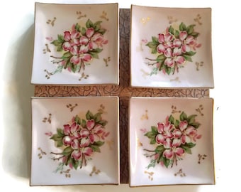 Vintage Andrea by Sadek Dessert Plates Vintage Tea Plates Set of Four Miniature Plates Hand Painted Dogwood Blossoms Pink Gold Made in Japan