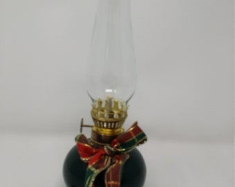 Vintage Miniature Oil Lamp Opaque Green Glass Collectible Hurricane Oil Lamp