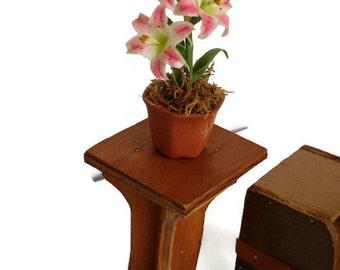 Miniature Vintage Wood Plant Stand Handmade Primitive Table Dollhouse Furniture Miniature Lamp Table Phone Table Wooden Stand