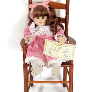 Vintage Ladderback Doll Chair And Musical Doll, Doll Furniture, Porcelain Doll with Music Box Collectible Doll House Furniture, Doll Diorama
