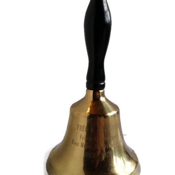 Vintage Engraved Brass School Bell Wooden Handle Collectible Recess Classroom Bell Teacher Gift Classroom Decor by colonialcrafts on Etsy
