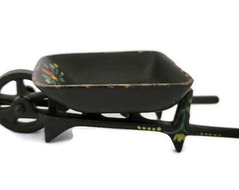 Vintage Miniature Iron Wheelbarrow Collectible for Miniature Garden Doll Diorama Gardening Tool Farm Diorama Hand Painted Black