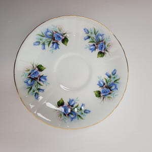 May include: White saucer with a gold rim and a blue floral pattern. The flowers are bluebells with green leaves.