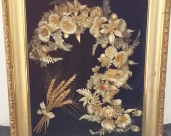 Antique Victorian Wedding Wreath or Baby Announcement Shadow Box With Flowers Handmade from Real Silk Gold Trimmed Frame