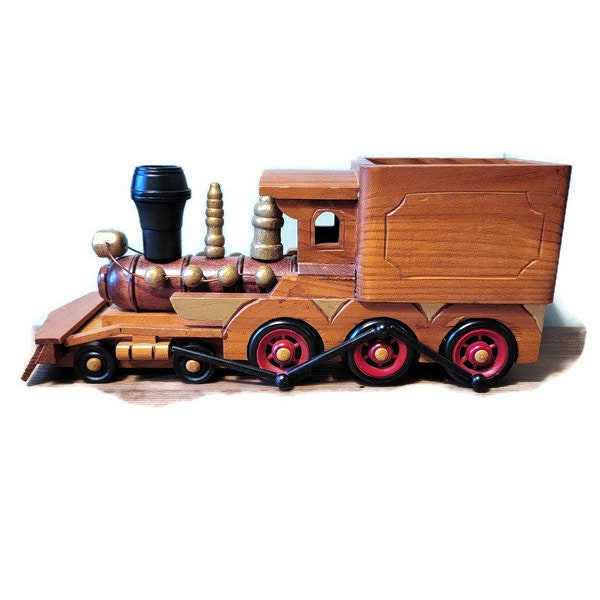 Steam Engine Vintage Handcrafted Wooden Train Planter Locomotive Vintage Office Decor Man Cave For Dad Train Lover Coin Pencil Caddy Collect