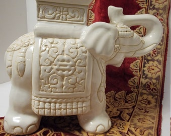 White/Off White Colored Pottery Elephant Plant Stand Hand Embossed Ceramic Collectible Elephant Figurine Collector Collection