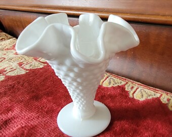 Small Fenton Milk Glass Vase Hobnail Fluted Ruffles Edges Gift for Friend Fresh Flower Holder Decorative Collectible Fenton Collector