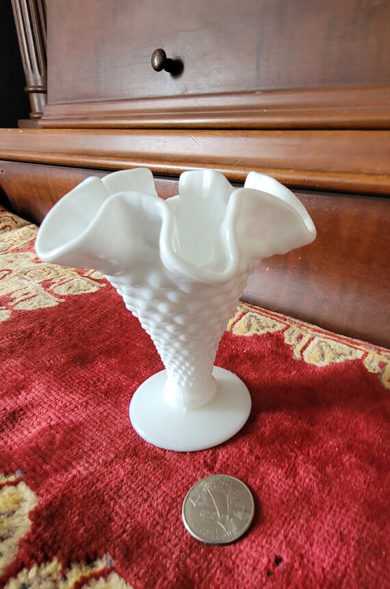 Small Fenton Milk Glass Vase Hobnail Fluted Ruffles Edges Gift for
