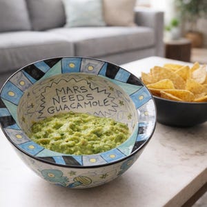 May include: A decorative bowl filled with guacamole, with the text "Mars Needs Guacamole" inside. The bowl has a blue, black, and white patterned rim. A second bowl of tortilla chips is also visible.