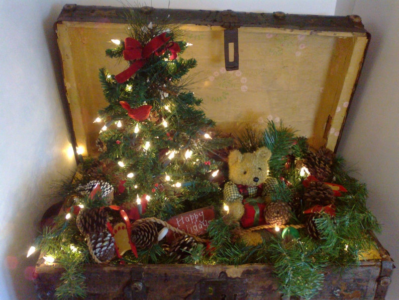 Antique Christmas Trunk with Christmas tree and lights | Etsy