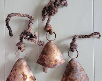 Rusty Tin Metal Weathered Bells With Wooden Clappers Small Set of 3 Old Rope Farmhouse Wind Chimes Wall Decor Yard Art Vintage Crafts