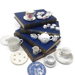 Lot of Vintage Miniature China Plates Cups Saucers Creamer Sugar Salt Shaker Teapot Doll House Accessory Doll House China Dishes Toy Dishes