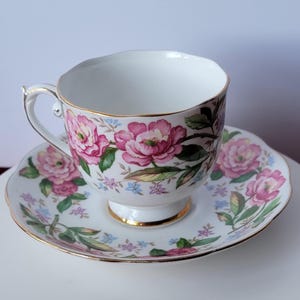 Teacup and Saucer &quot;Pink Perfection&quot; Roslyn Fine Bone China Made in England Pink Flowers Replacement China Pieces Tea Party Gift Collectible