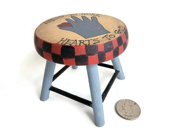Doll Footstool Wooden Doll Furniture Painted Doll House Kitchen Hands to Work, Hearts to God Country Kitchen Red Black Blue Collectible