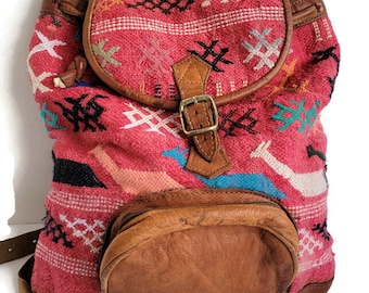 Vintage Leather Backpack Purse Ethnic Woven Cotton Fabric Bohemian Style Travel Bag Collectible