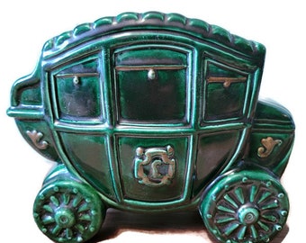 Le Bow of California Stage Coach Carriage Rare Green With Gold Colored Accents Vintage Planter Vase Porcelain Collector Display Circa 1950's