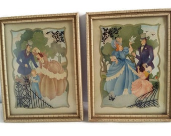 Pair of Vintage Copr S. Colef Lithograph Wood Pictures Frame With Convex or Bubble Glass Curved Glass Reverse Painting 1942 Victorian Style