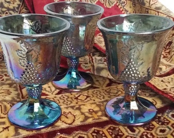 Vintage Blue Indiana Glassware Harvest Grape Water Goblets, Iridescent Blue, Carnival Glasswedding