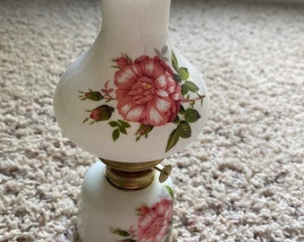 Glass Oil lamp Vintage Handpainted Rose Design Miniature Milk Glass