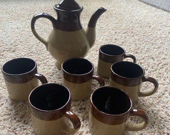 Coffee and Tea Pot Interpur Brand Glazed Ceramic Vintage Pottery Mug Set Collectors Display